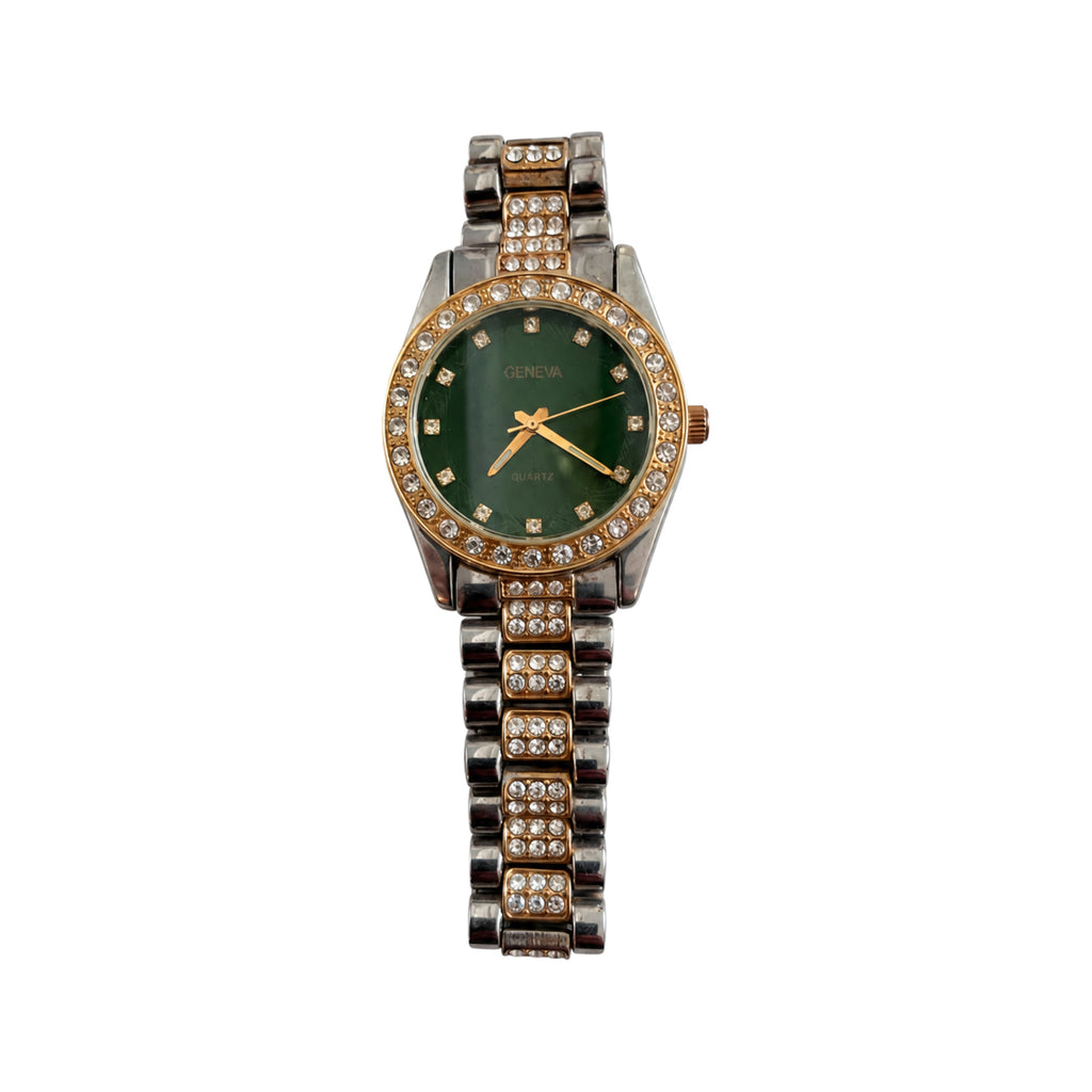 Vintage Geneva Green Dial Crystal-Accent Two-Tone Watch - Requires a Battery