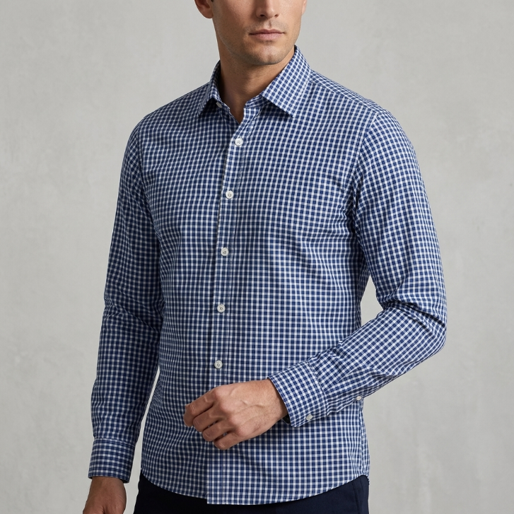 Five Four Mini Check Long Sleeve Button Down Shirt - Blue / White