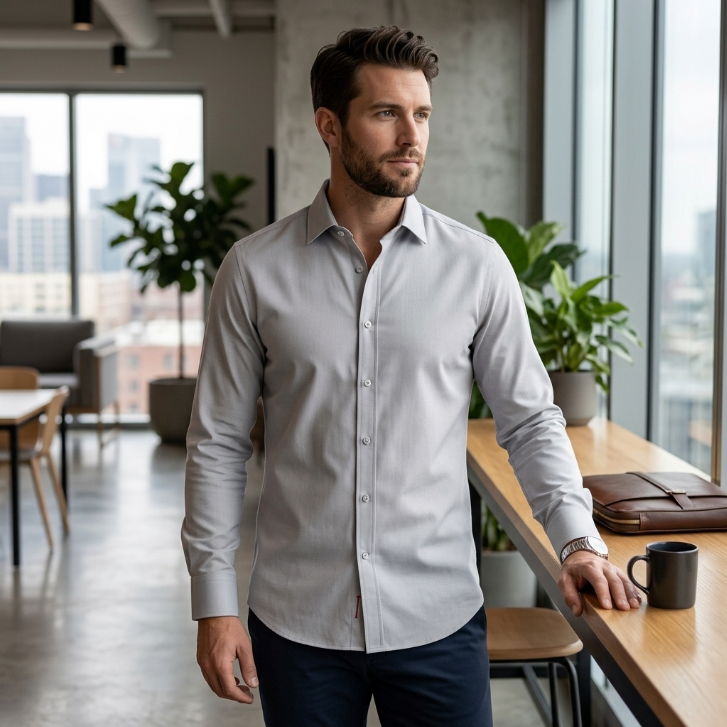 Five Four Slate Grey End-On-End Long Sleeve Shirt - Slate Grey / Size Large