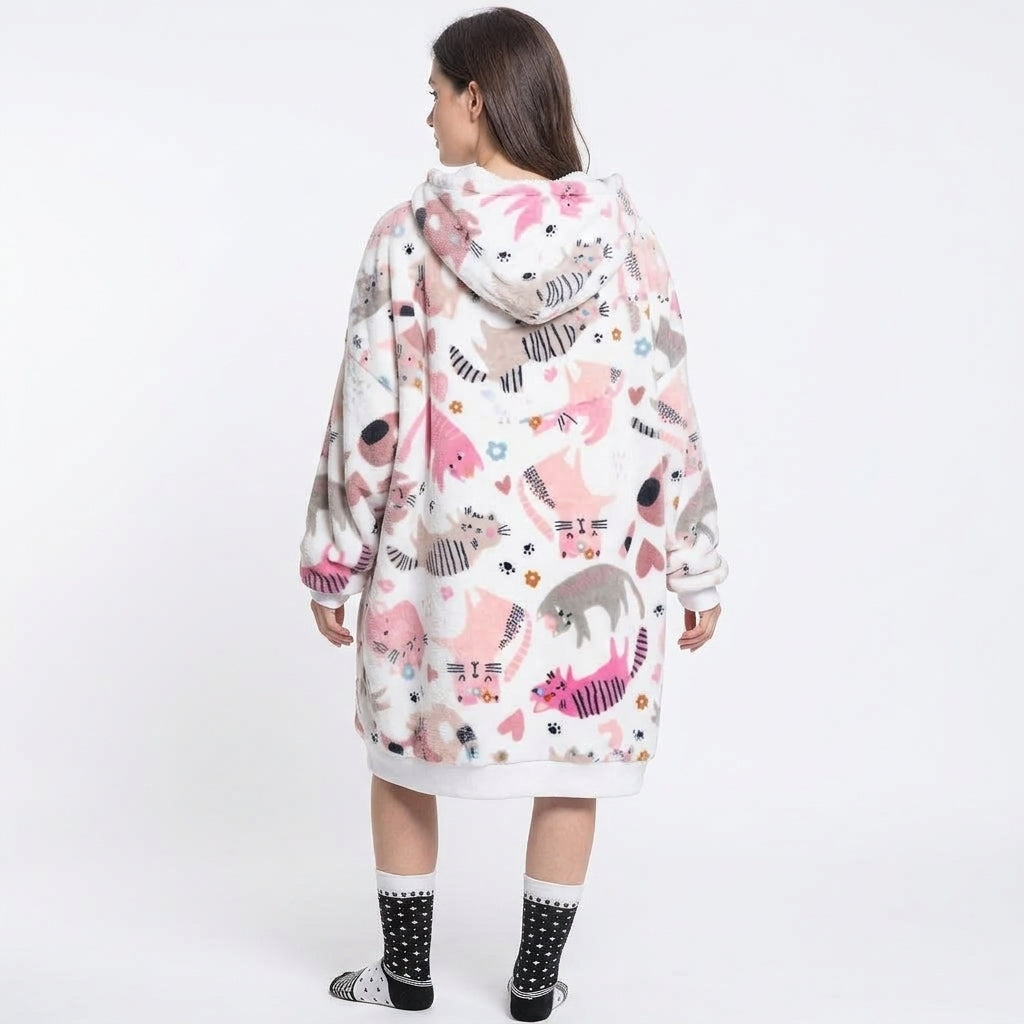 Mad Dog Sherpa Fleece Wearable Blanket Hoodie for Adult Women with Long Sleeves, Cozy Hooded Poncho Jacket-Cats