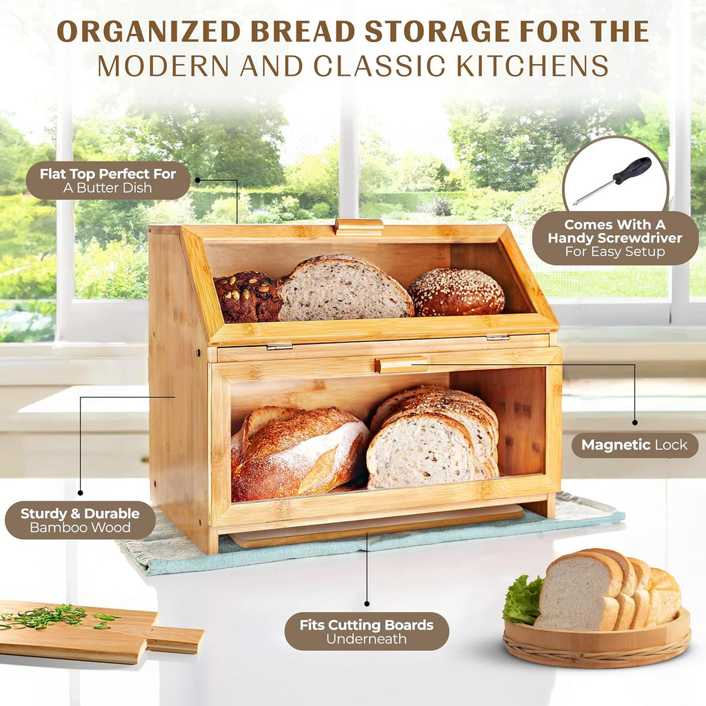 Laura's Green Kitchen Large Bamboo Bread Box – Double Layer, Self-Assembly