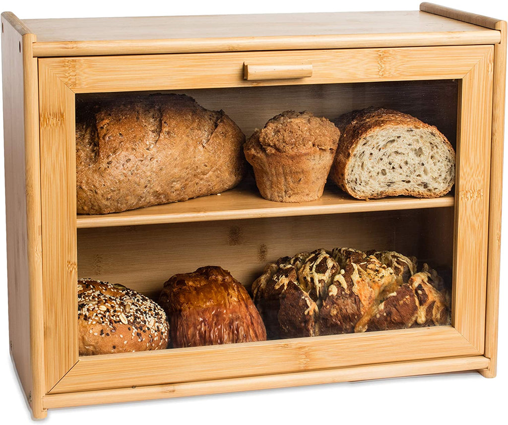 Large Bamboo Bread Box with Clear Window - Front View
