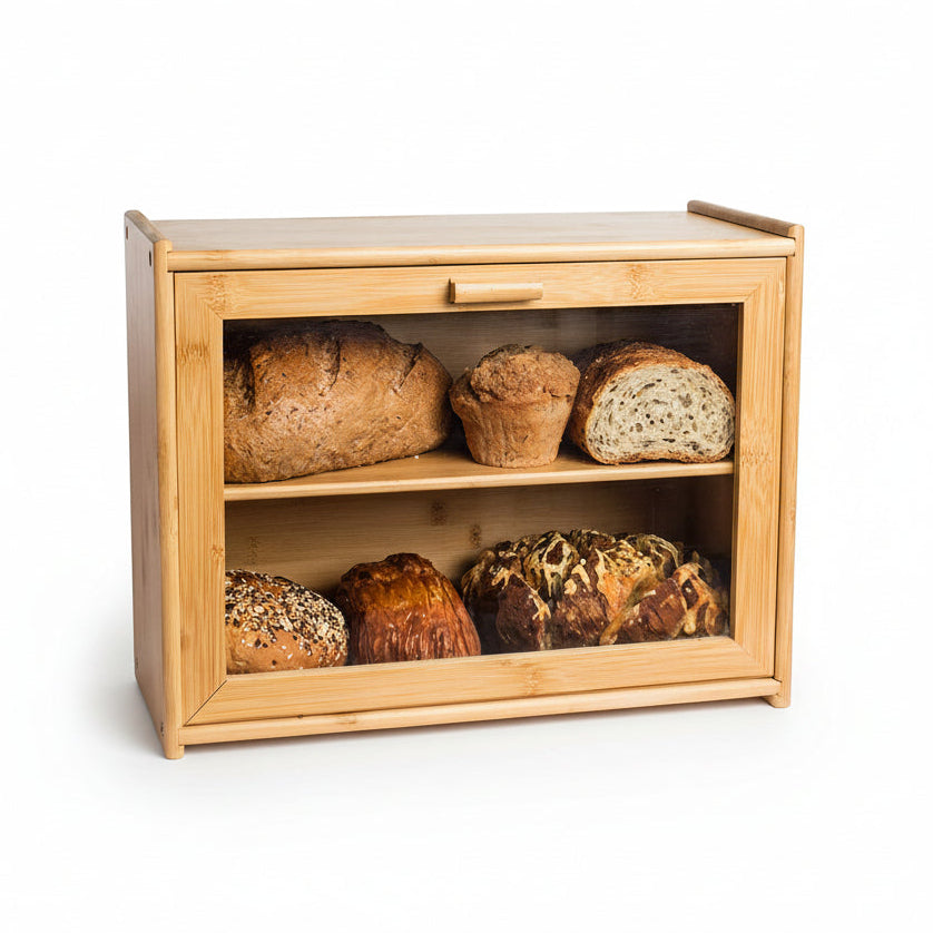 Large Bamboo Bread Box with Clear Window - Front View