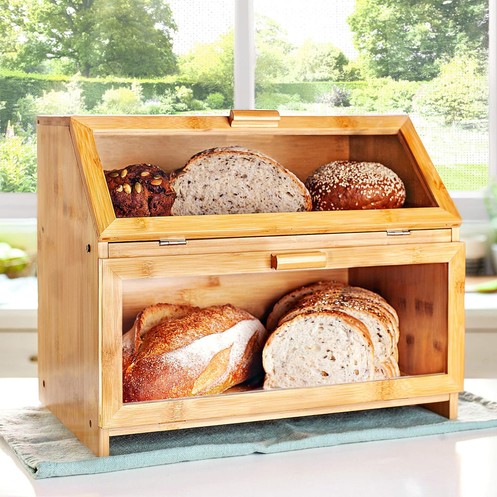 Laura's Green Kitchen Large Bamboo Bread Box – Double Layer, Self-Assembly