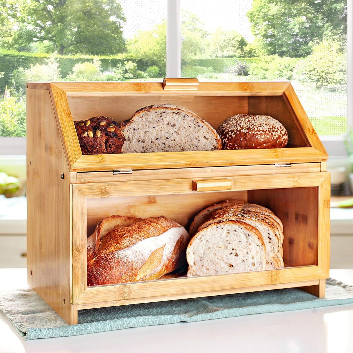 Laura's Green Kitchen Large Bamboo Bread Box – Double Layer, Self-Assembly