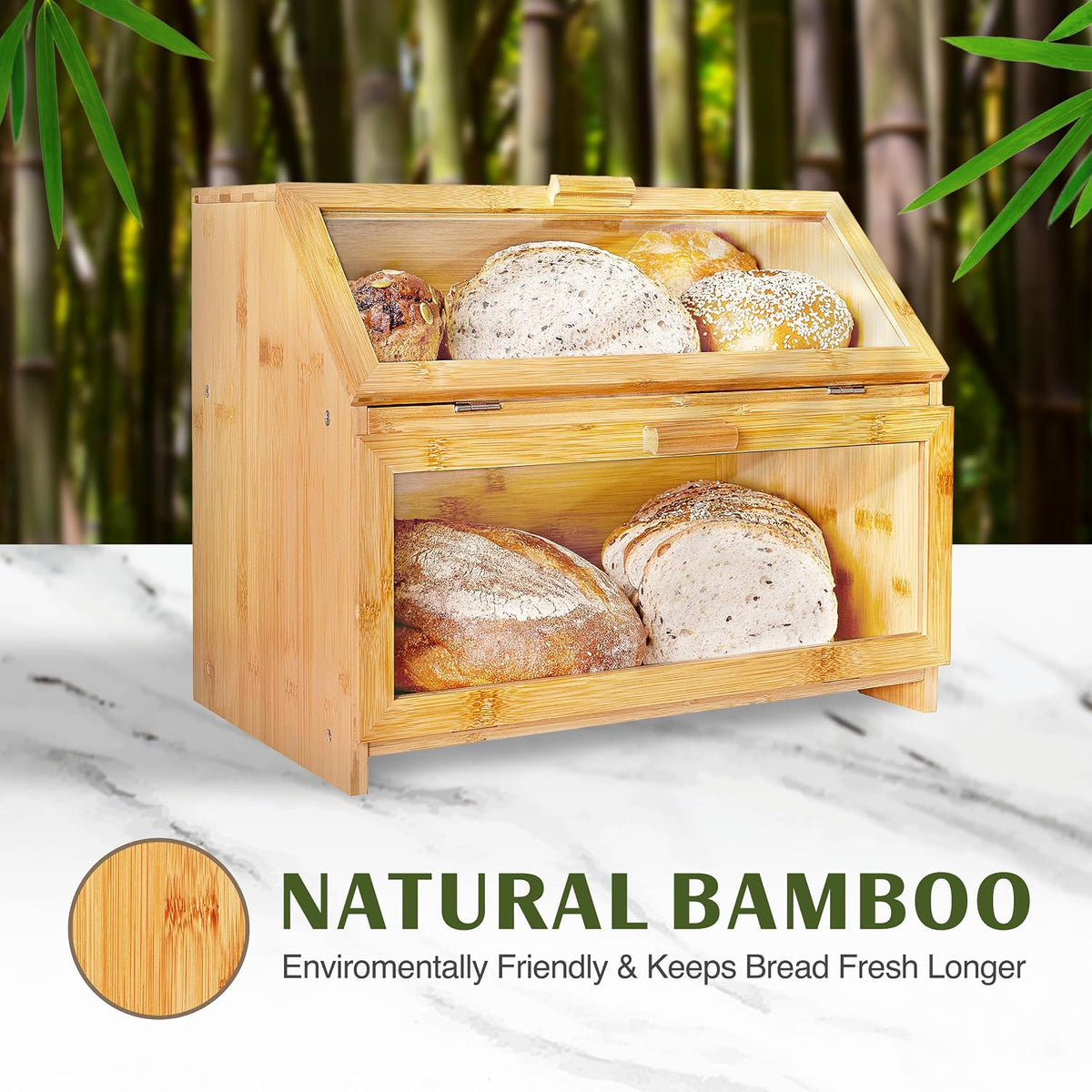 Laura's Green Kitchen Large Bamboo Bread Box – Double Layer, Self-Assembly