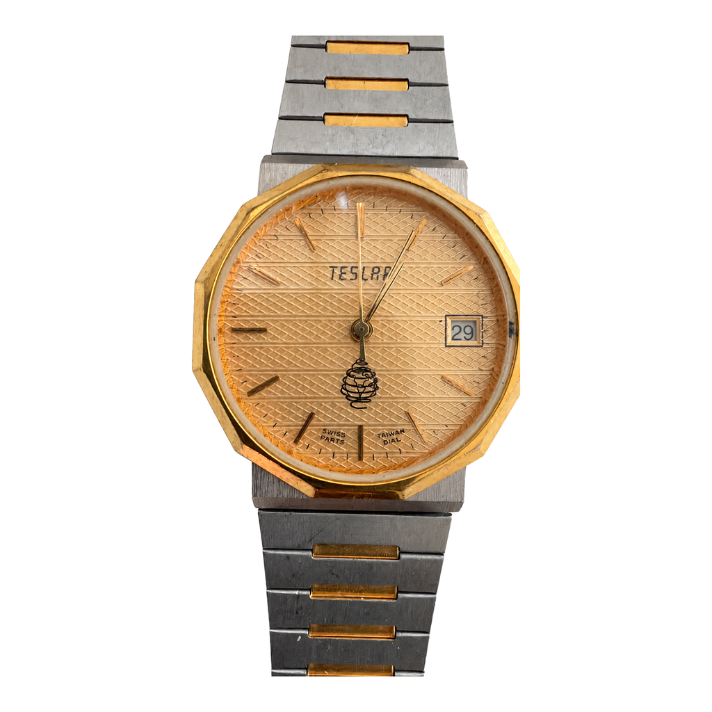 Vintage TESLAR Octagonal Two-Tone Date Quartz Watch - Requires a Battery