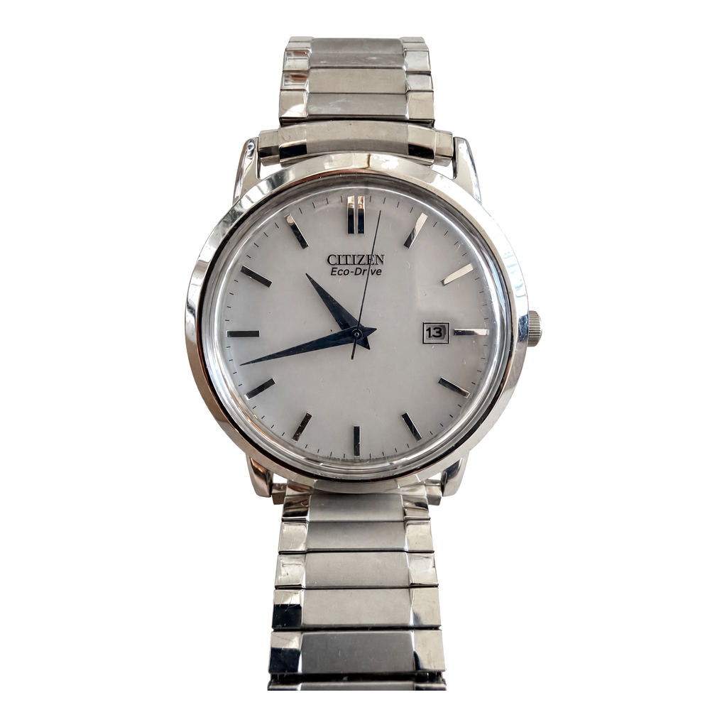 Vintage Citizen Eco-Drive White Dial Date Watch - Uses a Rechargeable Cell