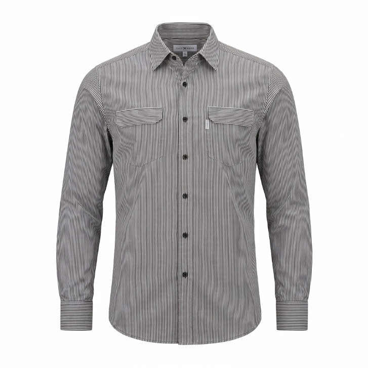 Five Four Vertical Fine Stripe Dual Pocket Long Sleeve Shirt - Black / White / Size Medium