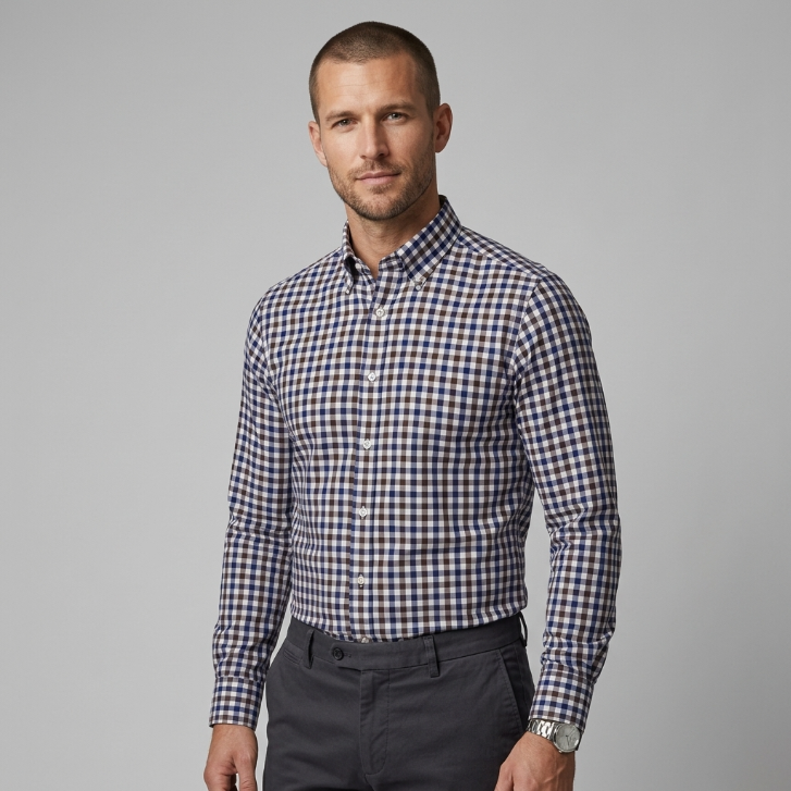 Five Four Gingham Check Long Sleeve Shirt Blue/Brown - Size 2XL