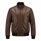 BWR Beware Dark Brown High-Collar Leather Bomber Jacket