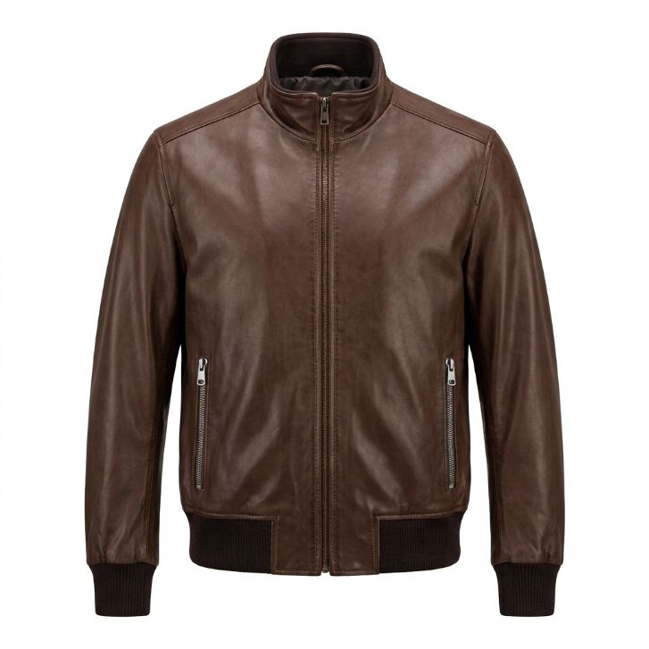 BWR Beware Dark Brown High-Collar Leather Bomber Jacket