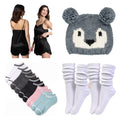 Women's Gift Box – Mad Dog Black Satin Pajama Set, San Diego Hat Co. Koala Pom Beanie, Hot Feet Black Ankle Socks 8-Pack & White Slouch Socks