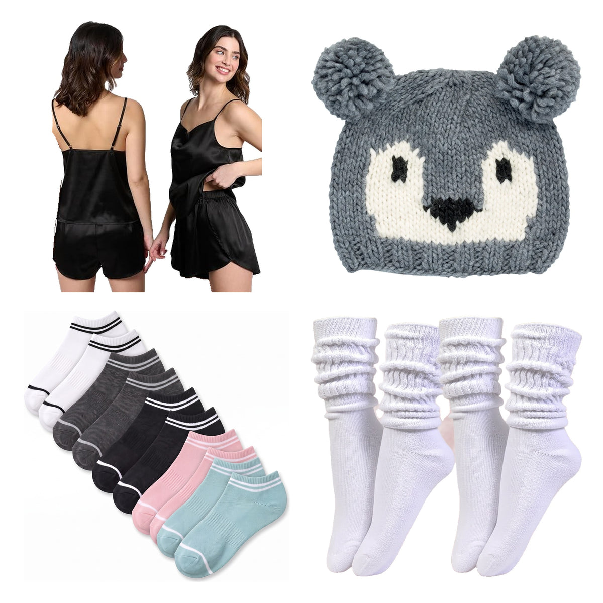 Women's Gift Box – Mad Dog Black Satin Pajama Set, San Diego Hat Co. Koala Pom Beanie, Hot Feet Black Ankle Socks 8-Pack & White Slouch Socks