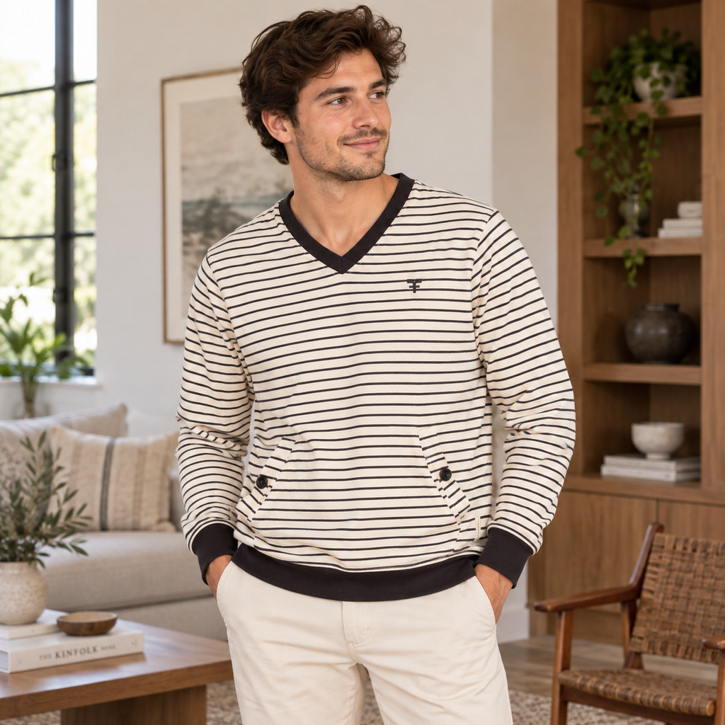 Five Four Men’s Cream Black Striped V-Neck Pullover Sweatshirt Size M