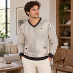 Five Four Men’s Cream Black Striped V-Neck Pullover Sweatshirt Size M