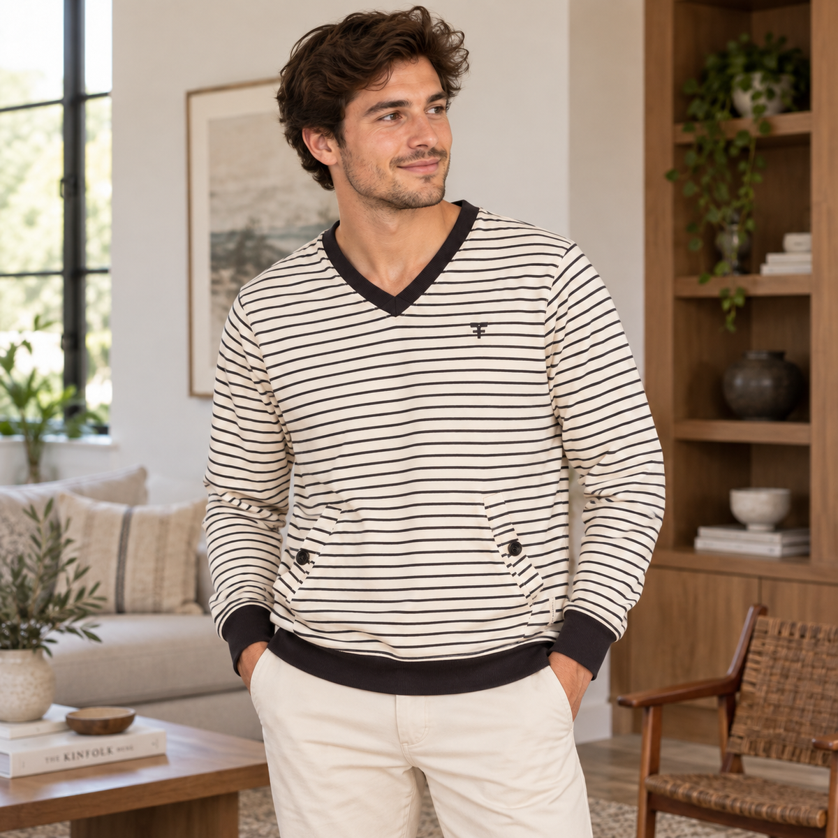 Five Four Men’s Cream Black Striped V-Neck Pullover Sweatshirt Size M