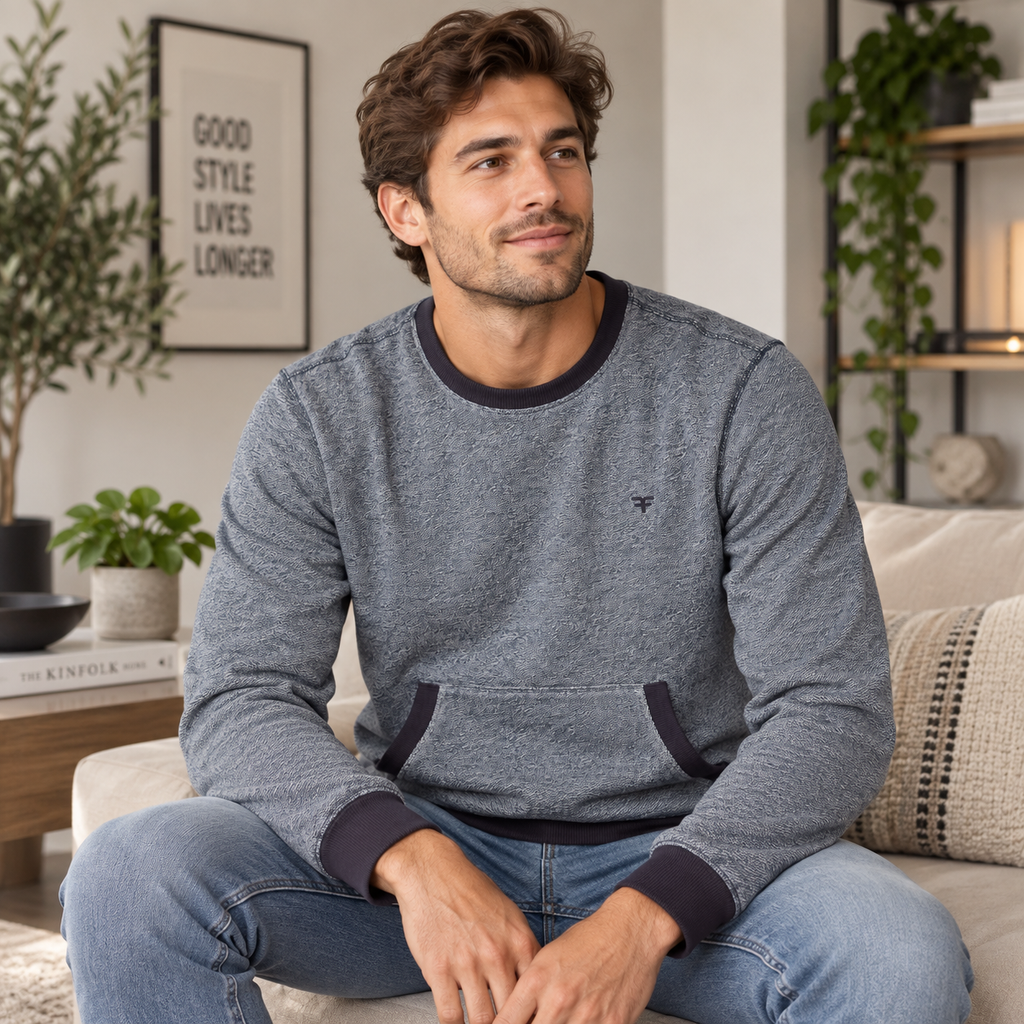 Five Four Men’s Heather Blue Gray Crewneck Sweatshirt Kangaroo Pocket Size L