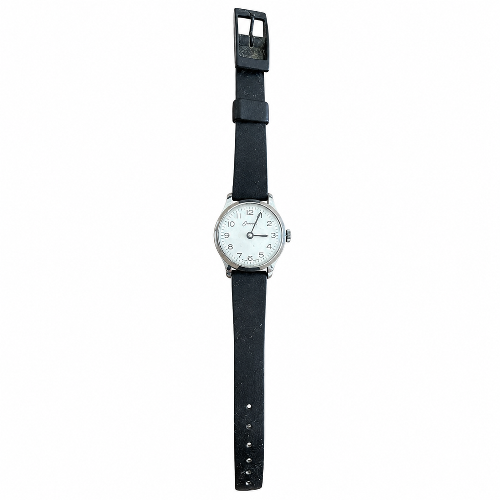 Vintage Men's Mechanical Hand-Wind Watch - White Dial Black - Winding Required