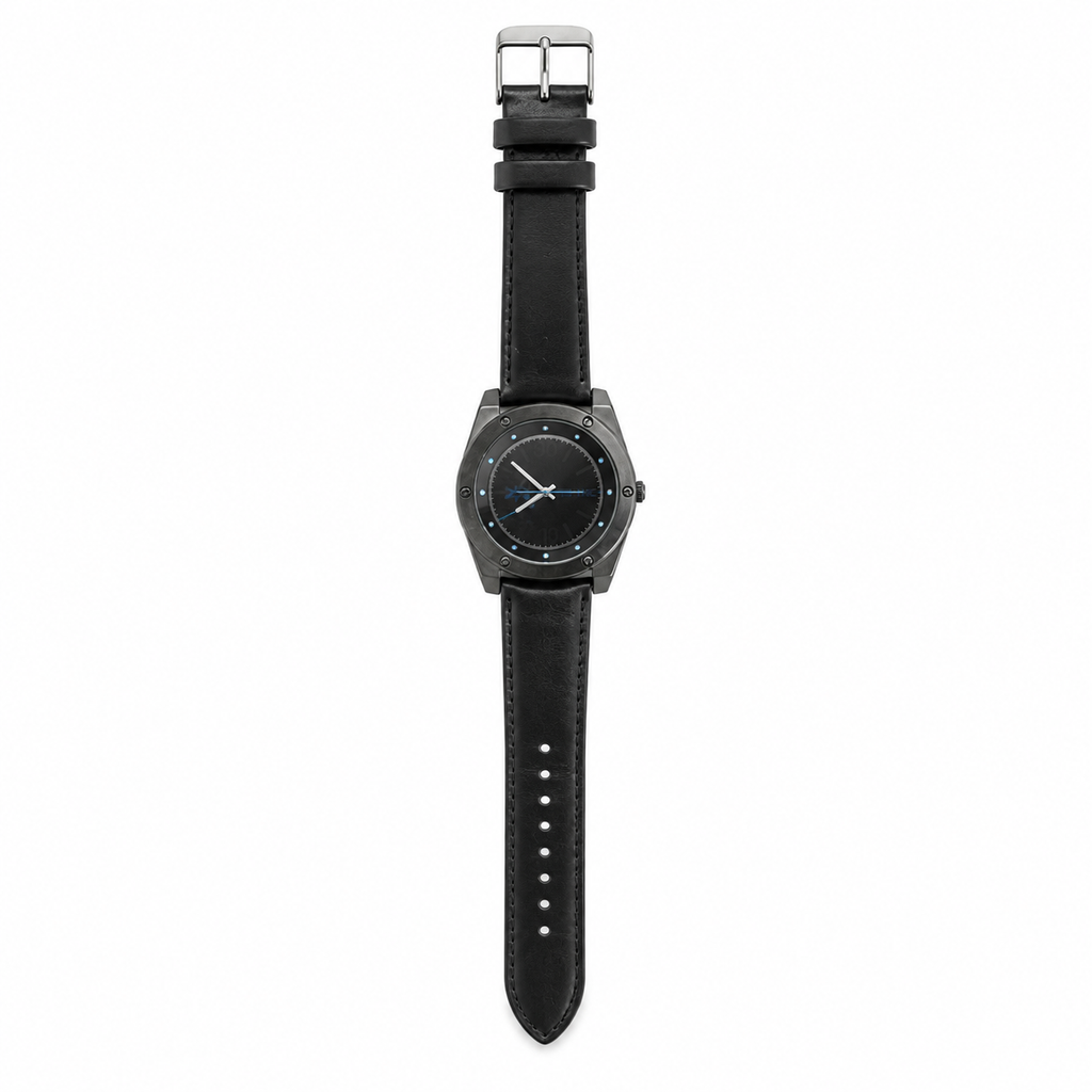 Vintage Men's Quartz Sport Watch - Black Dial & Leather Strap - Battery Required