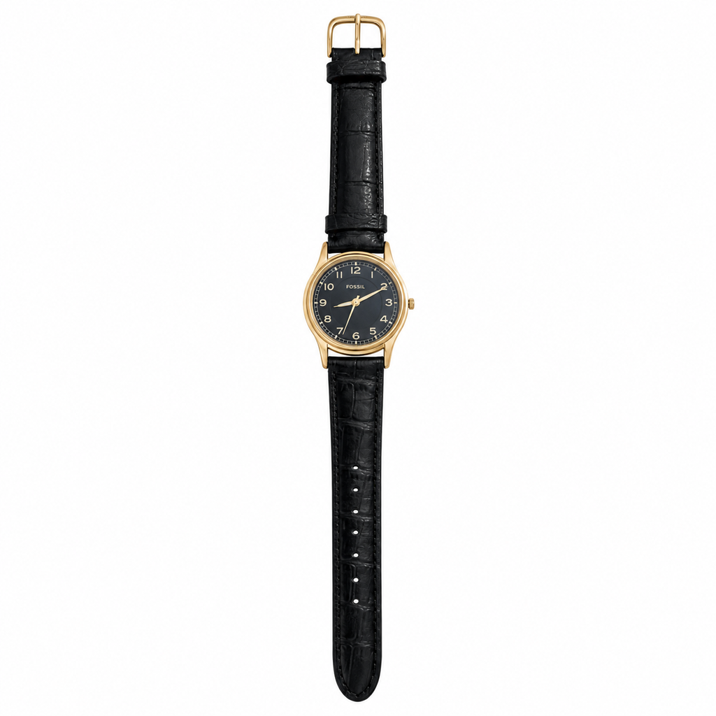 Vintage Fossil Quartz Analog Watch - Black Dial Gold-Tone - Battery Required