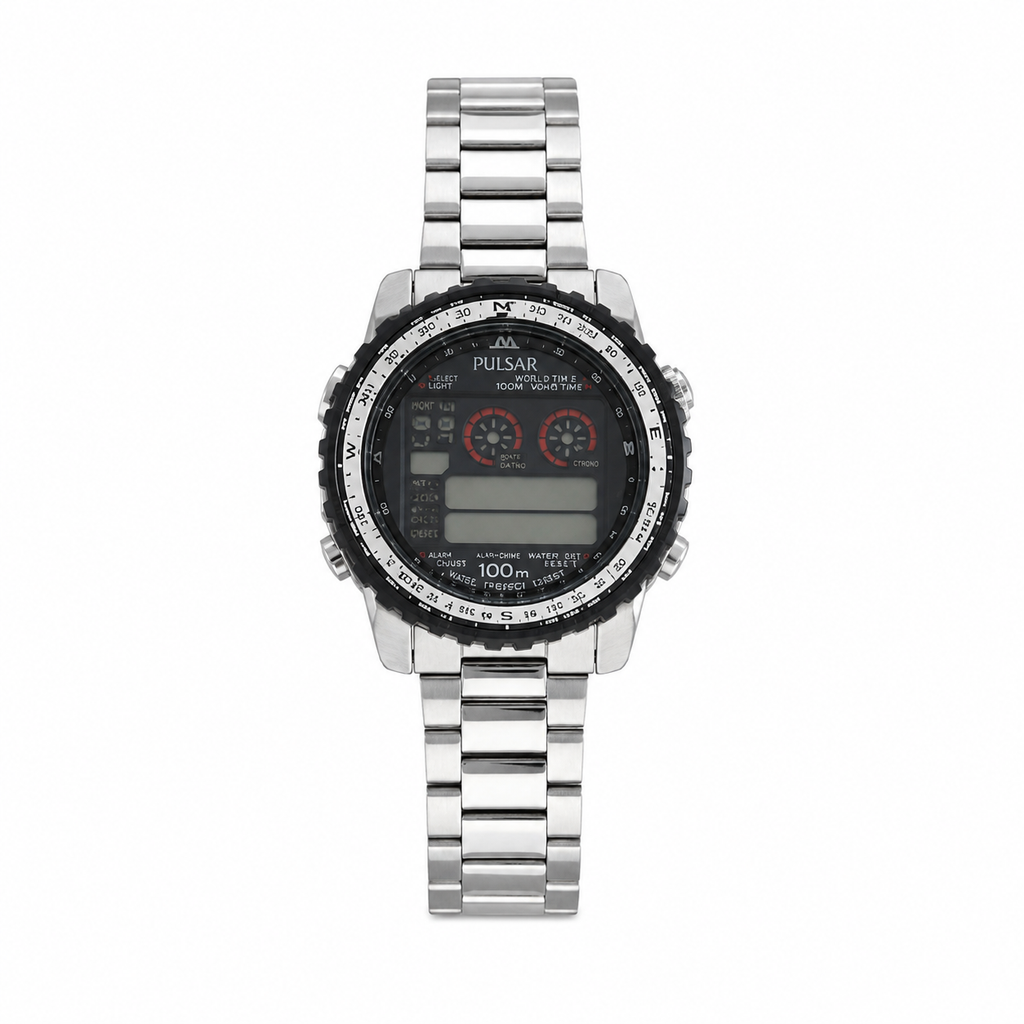 Vintage Pulsar World Time Digital 100M Watch - Stainless - Battery Required