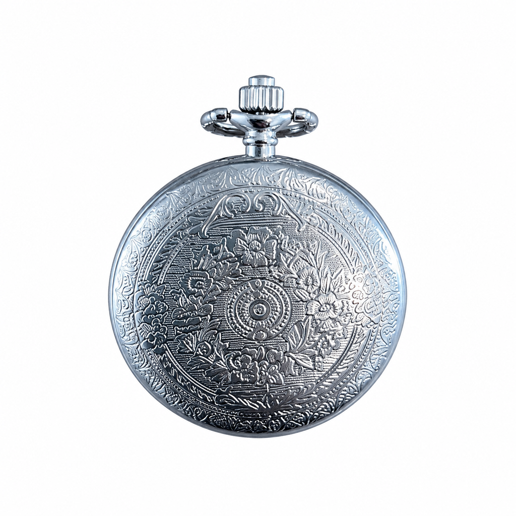 Engraved Silver-Tone Hunter Pocket Watch - Roman Numeral Dial, Requires a Battery