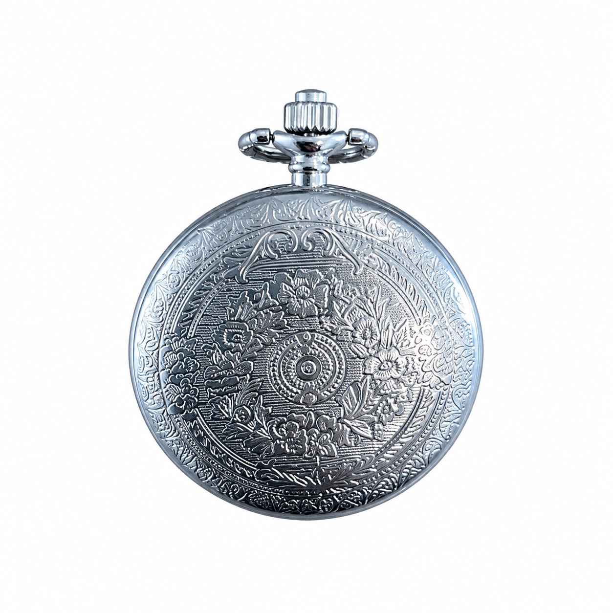Engraved Silver-Tone Hunter Pocket Watch - Roman Numeral Dial, Requires a Battery