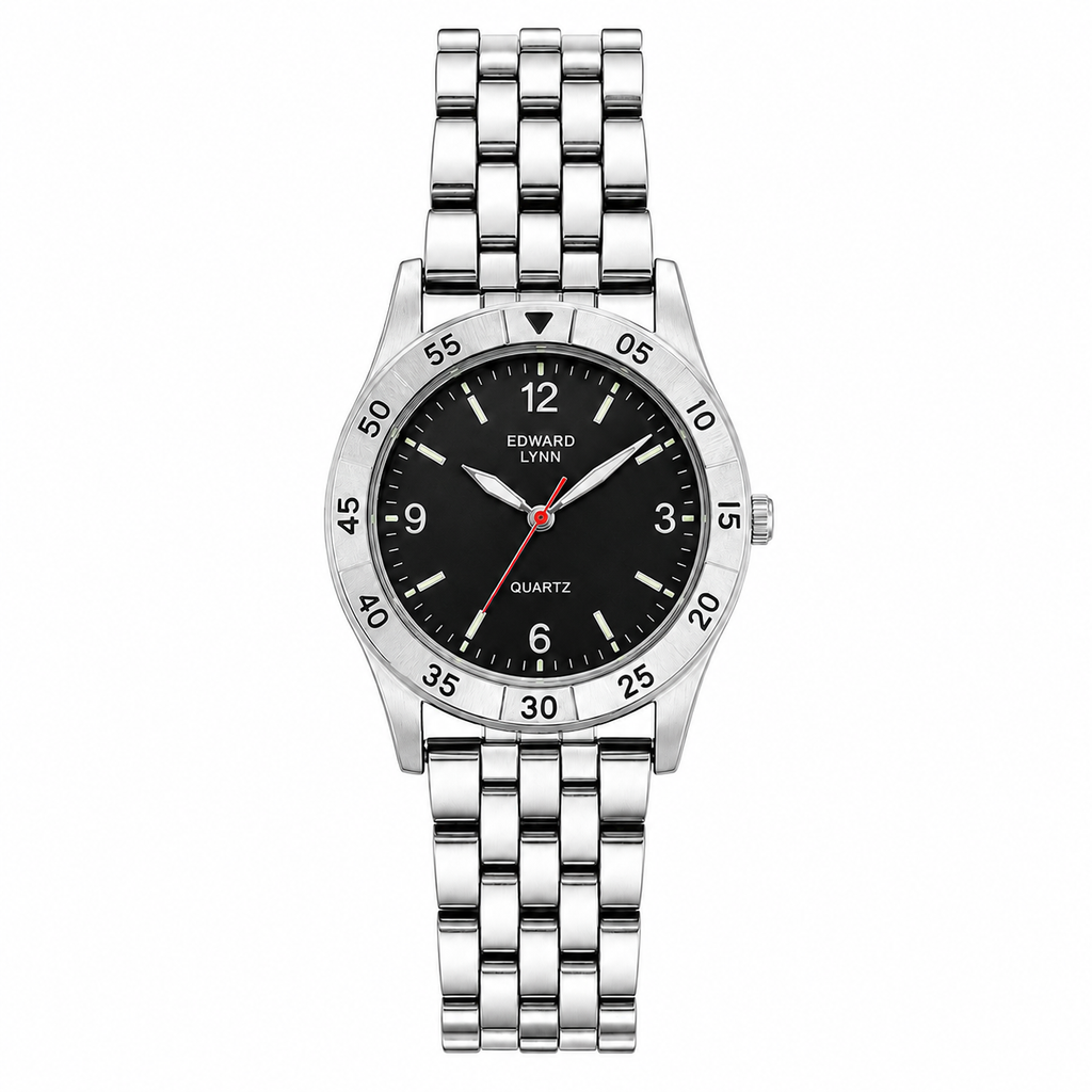 Vintage Edward Lynn Quartz Sports Watch - Silver/Black Dial - Battery Required