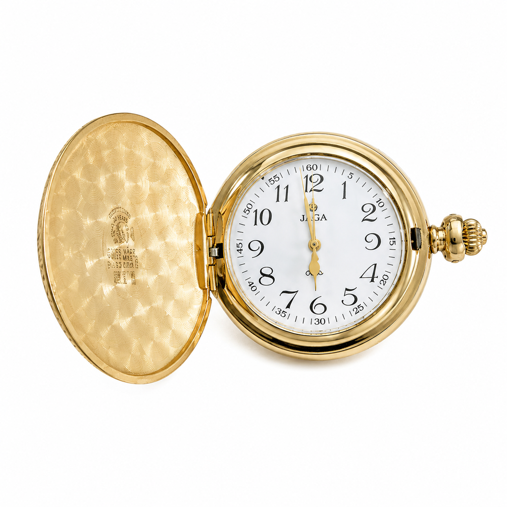 Vintage JAGA Quartz Gold-Tone Full Hunter Pocket Watch with - Battery Required