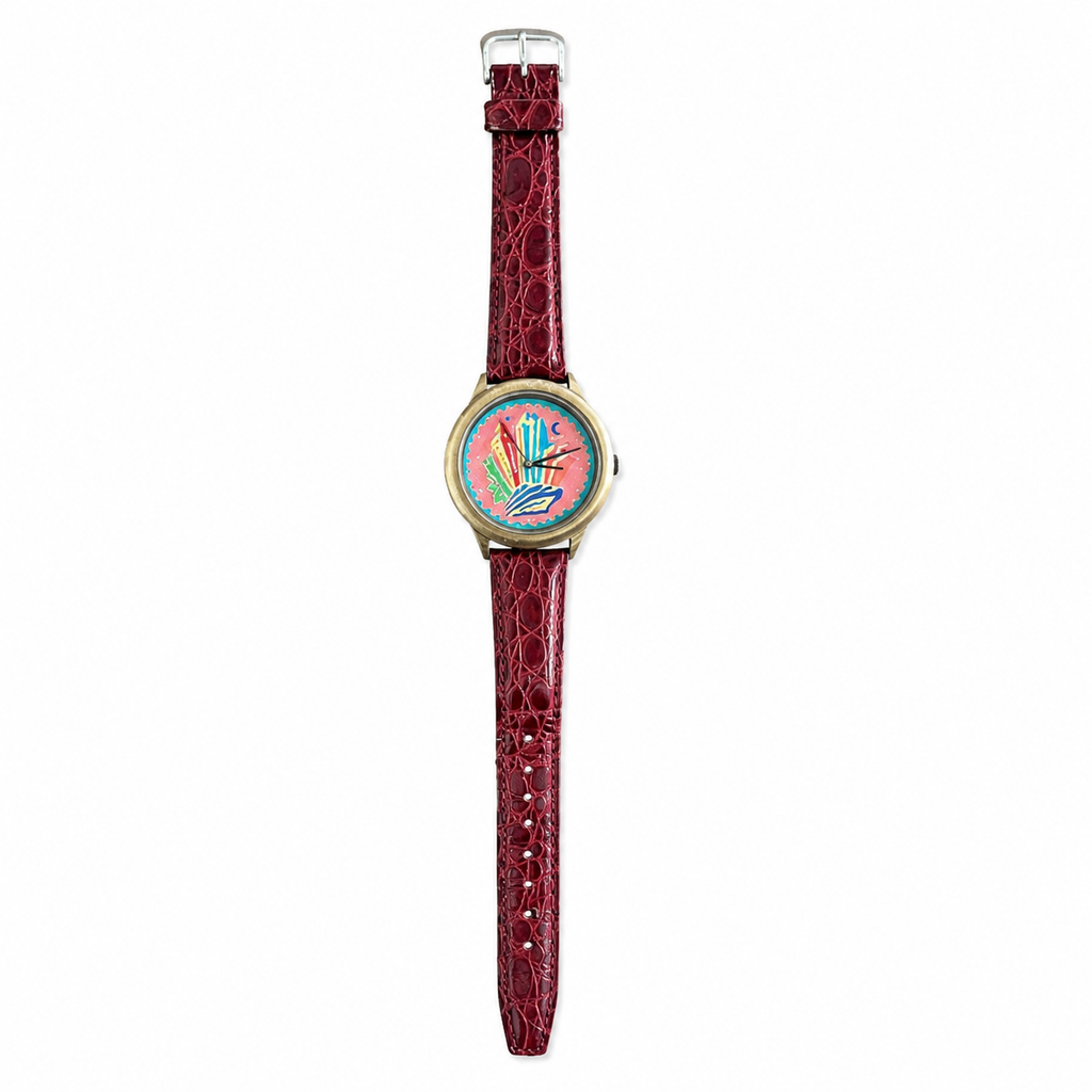 Vintage Gold-Tone Colorful Art Dial Burgundy Strap Quartz - Battery Required