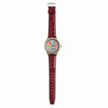 Vintage Gold-Tone Colorful Art Dial Burgundy Strap Quartz - Battery Required