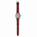Vintage Gold-Tone Colorful Art Dial Burgundy Strap Quartz - Battery Required