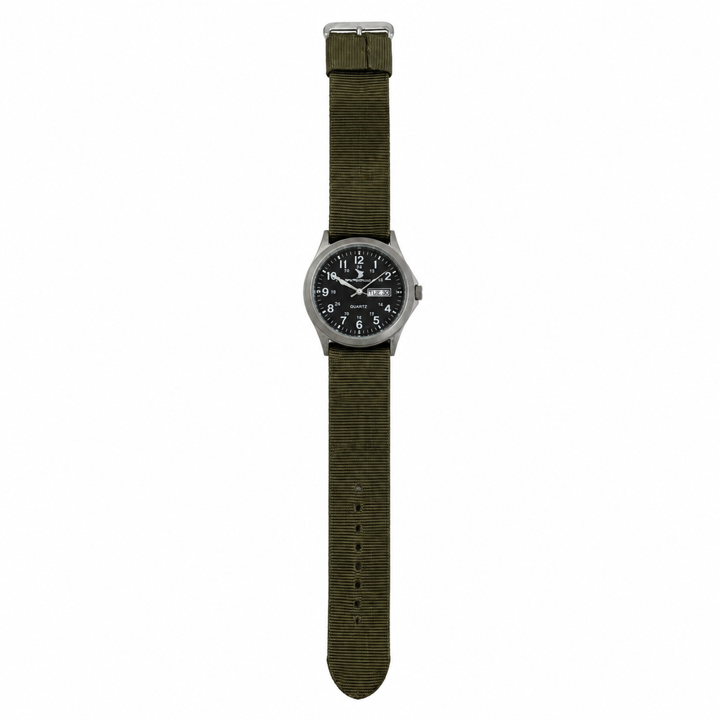 Vintage Military Quartz Field Watch with Day-Date & Olive - Battery Required