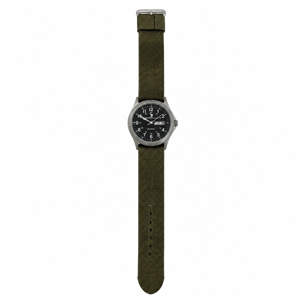 Vintage Military Quartz Field Watch with Day-Date & Olive - Battery Required