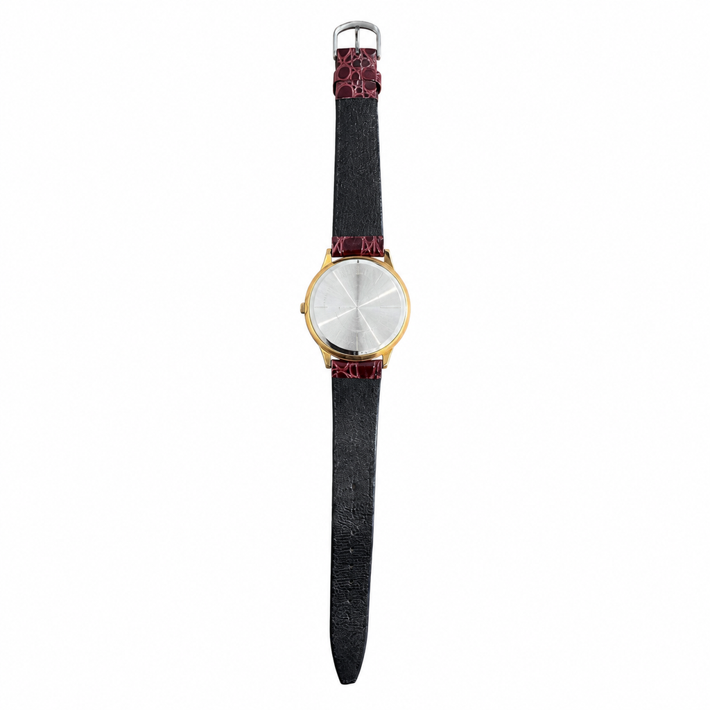 Vintage Gold-Tone Colorful Art Dial Burgundy Strap Quartz - Battery Required