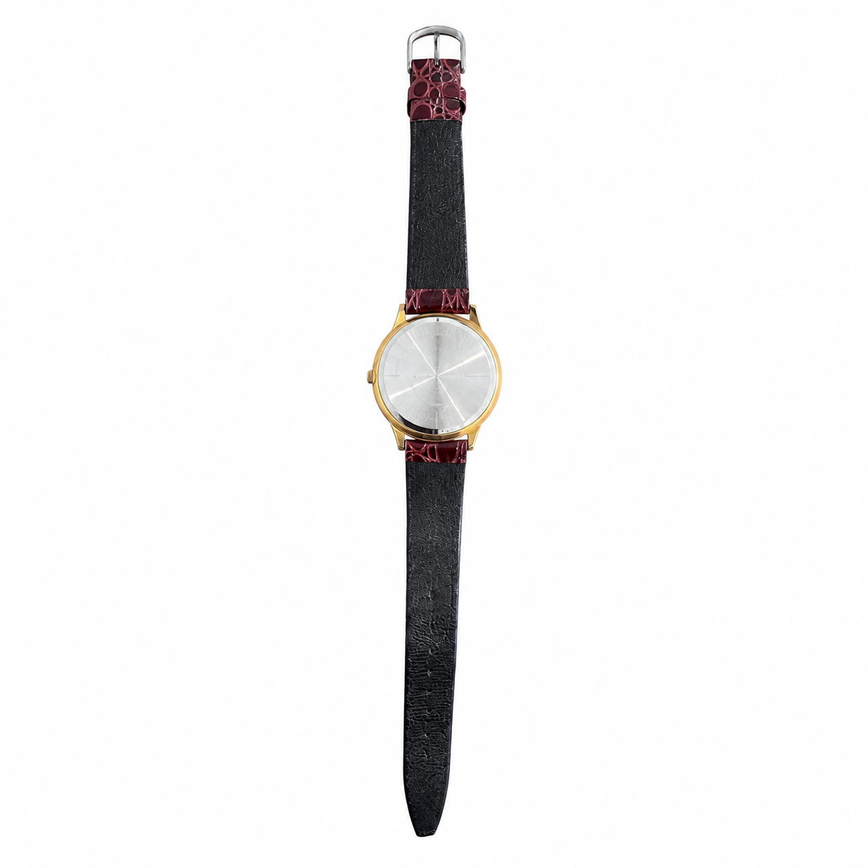 Vintage Gold-Tone Colorful Art Dial Burgundy Strap Quartz - Battery Required