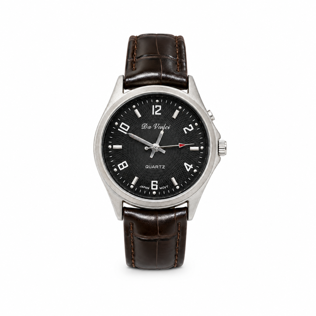 Da Vinci Black Dial Japan Quartz Watch with Brown Leather Strap - Requires a Battery
