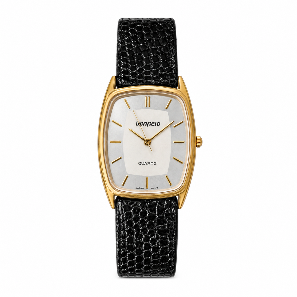 Wynfield Rectangular Gold-Tone Japan Quartz Watch with Black Strap - Requires a Battery