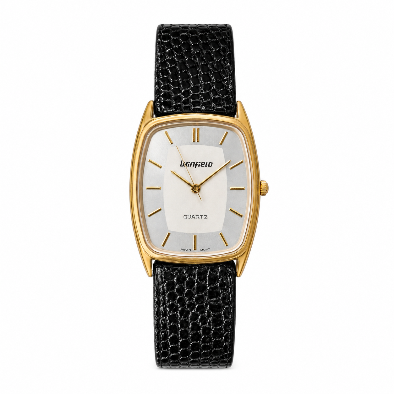 Wynfield Rectangular Gold-Tone Japan Quartz Watch with Black Strap - Requires a Battery