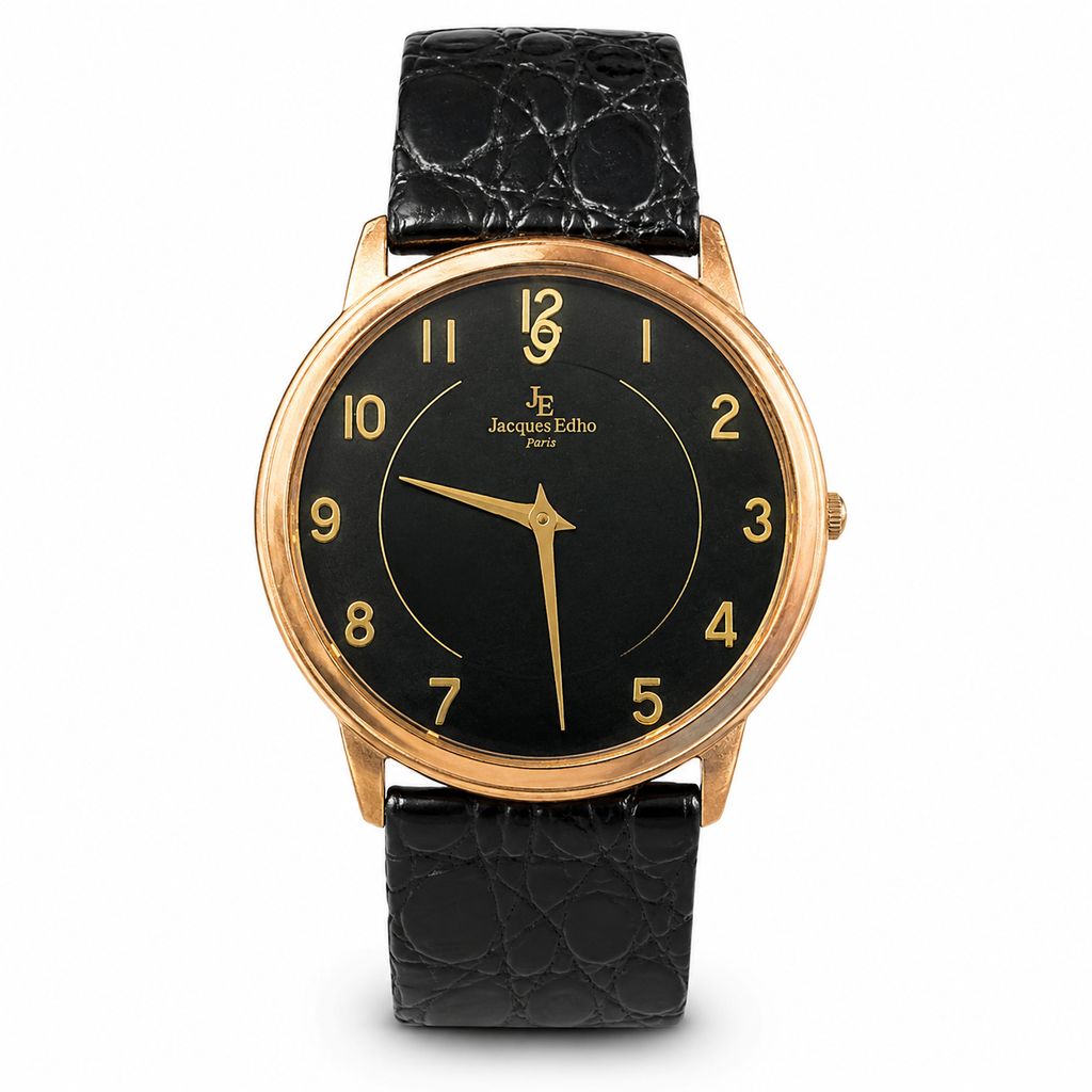 Jacques Edho Paris Gold-Tone Black Dial Dress Watch with Black Leather Strap - Requires a Battery