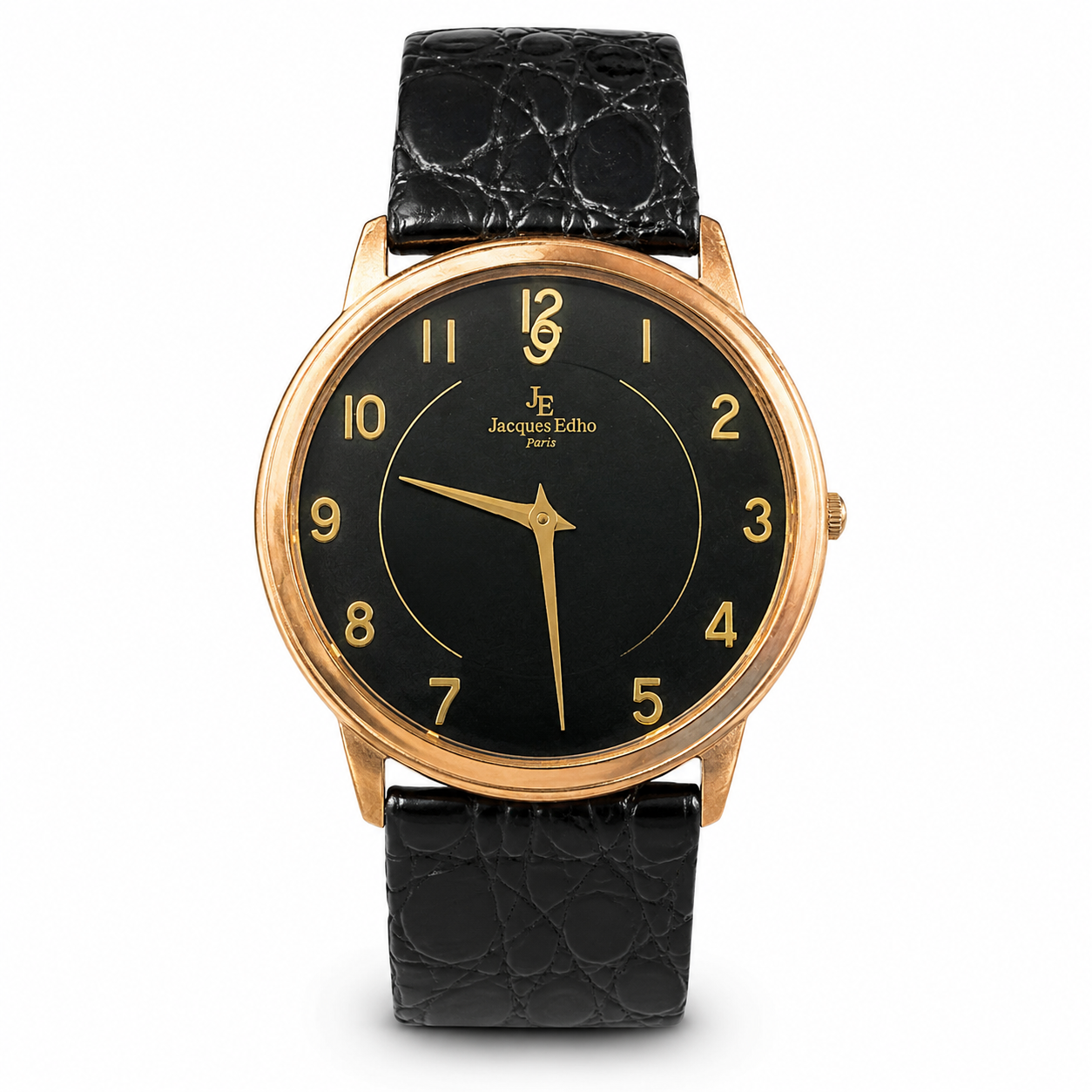 Jacques Edho Paris Gold-Tone Black Dial Dress Watch with Black Leather Strap - Requires a Battery