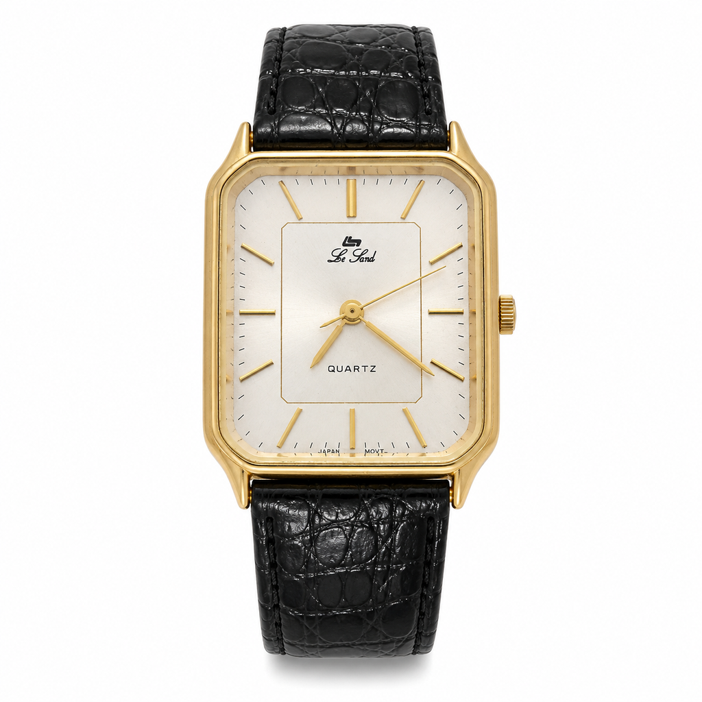 Le Sand Rectangular Gold-Tone Japan Quartz Dress Watch with Black Leather Strap - Requires a Battery