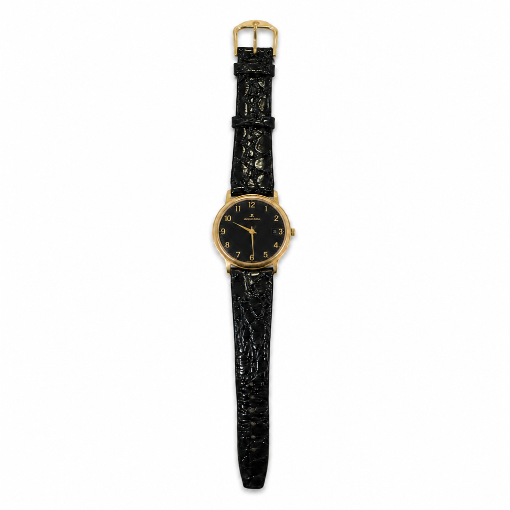 Jacques Edho Paris Gold-Tone Black Dial Dress Watch with Black Leather Strap - Requires a Battery
