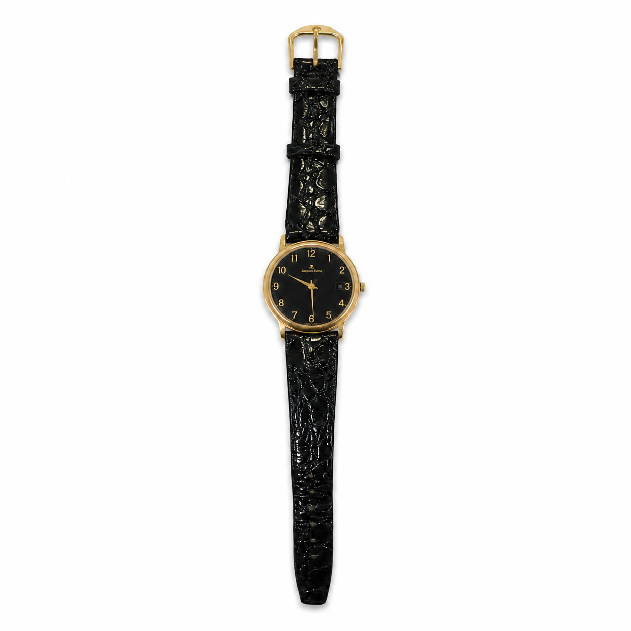 Jacques Edho Paris Gold-Tone Black Dial Dress Watch with Black Leather Strap - Requires a Battery