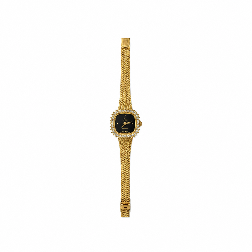 Lize Gold-Tone Crystal Bezel Black Dial Quartz Watch - Requires a Battery