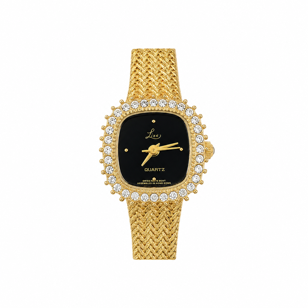 Lize Gold-Tone Crystal Bezel Black Dial Quartz Watch - Requires a Battery