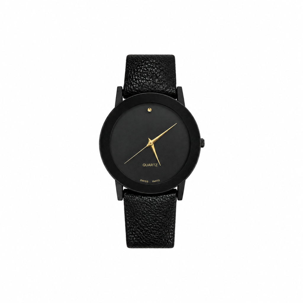 Black Minimalist Swiss Parts Quartz Watch with Black Strap - Requires a Battery