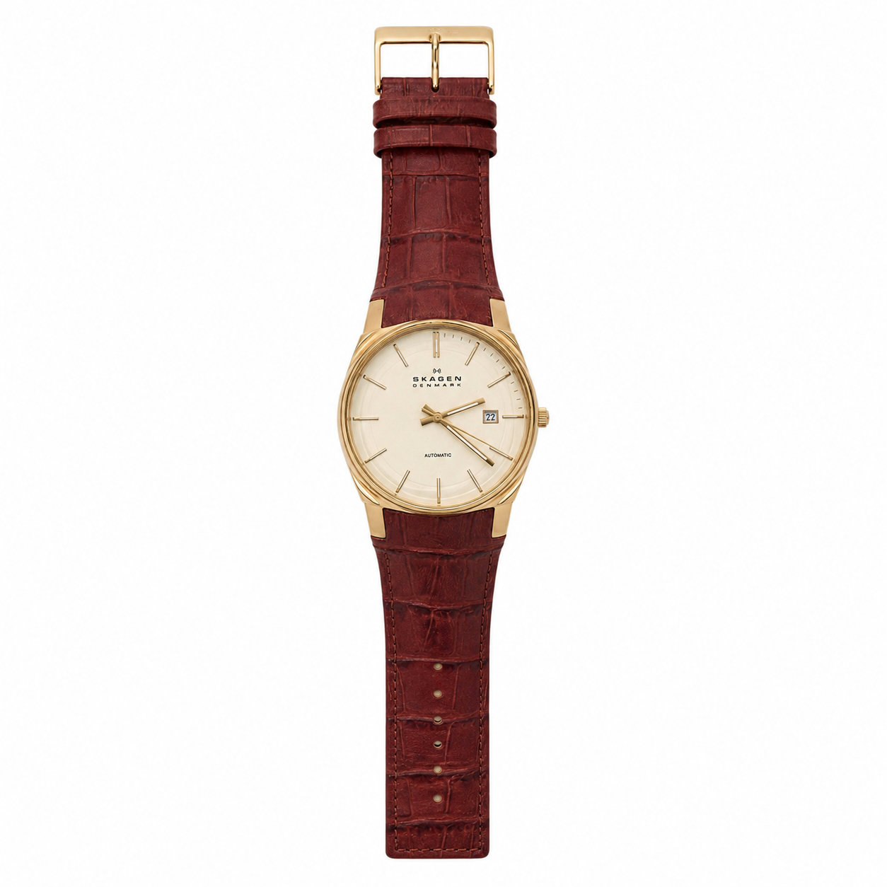Skagen Denmark Automatic Date Watch Brown Leather Strap