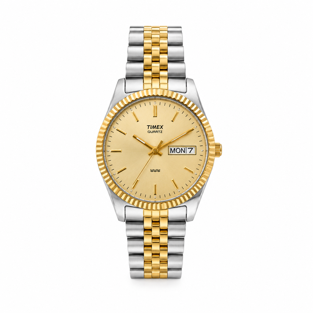Timex Classic Two-Tone Champagne Dial Day-Date Quartz Watch - Requires a Battery